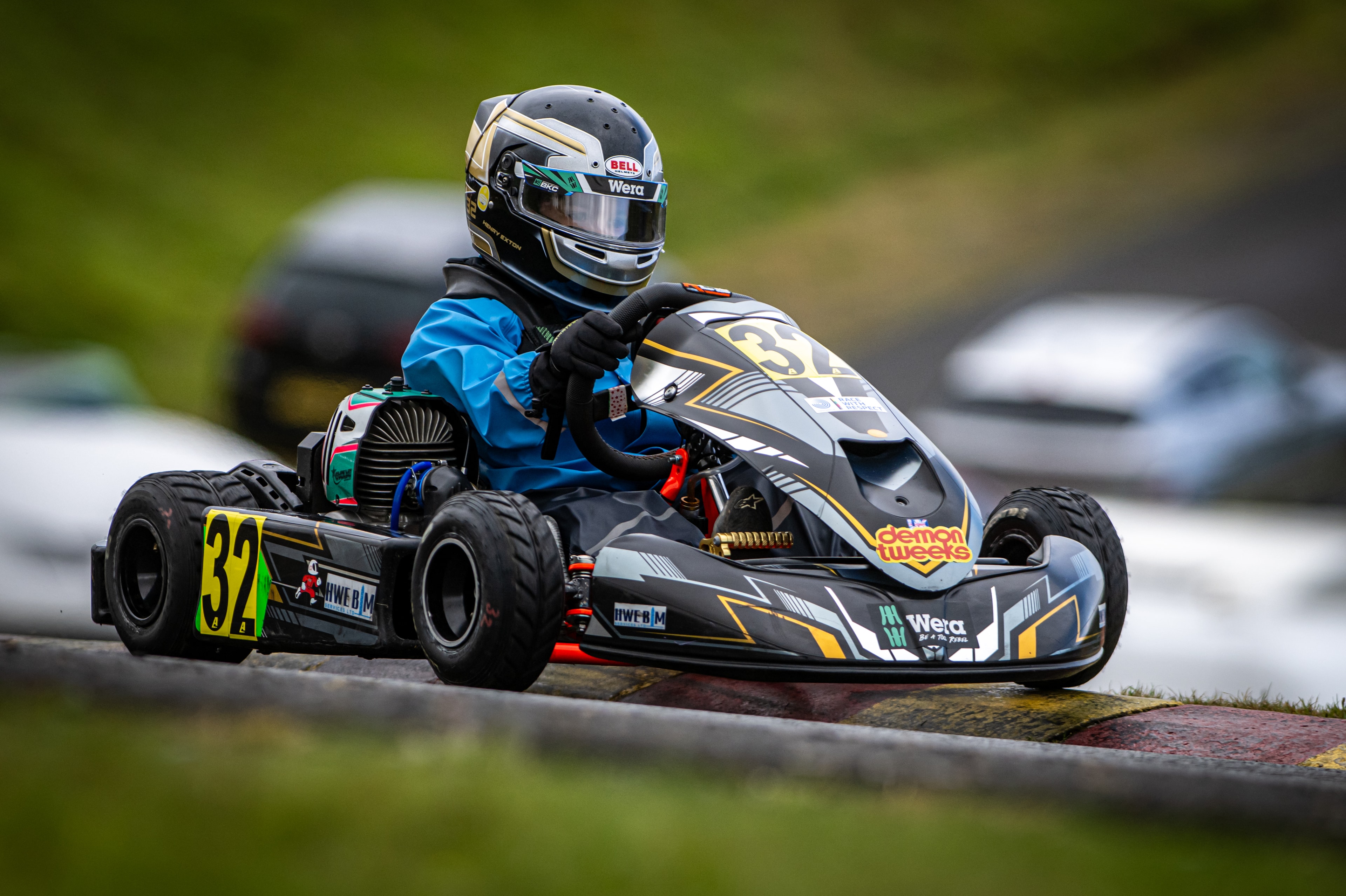 Henry Exton kart number 32 solo on track at Rowrah in wet conditions