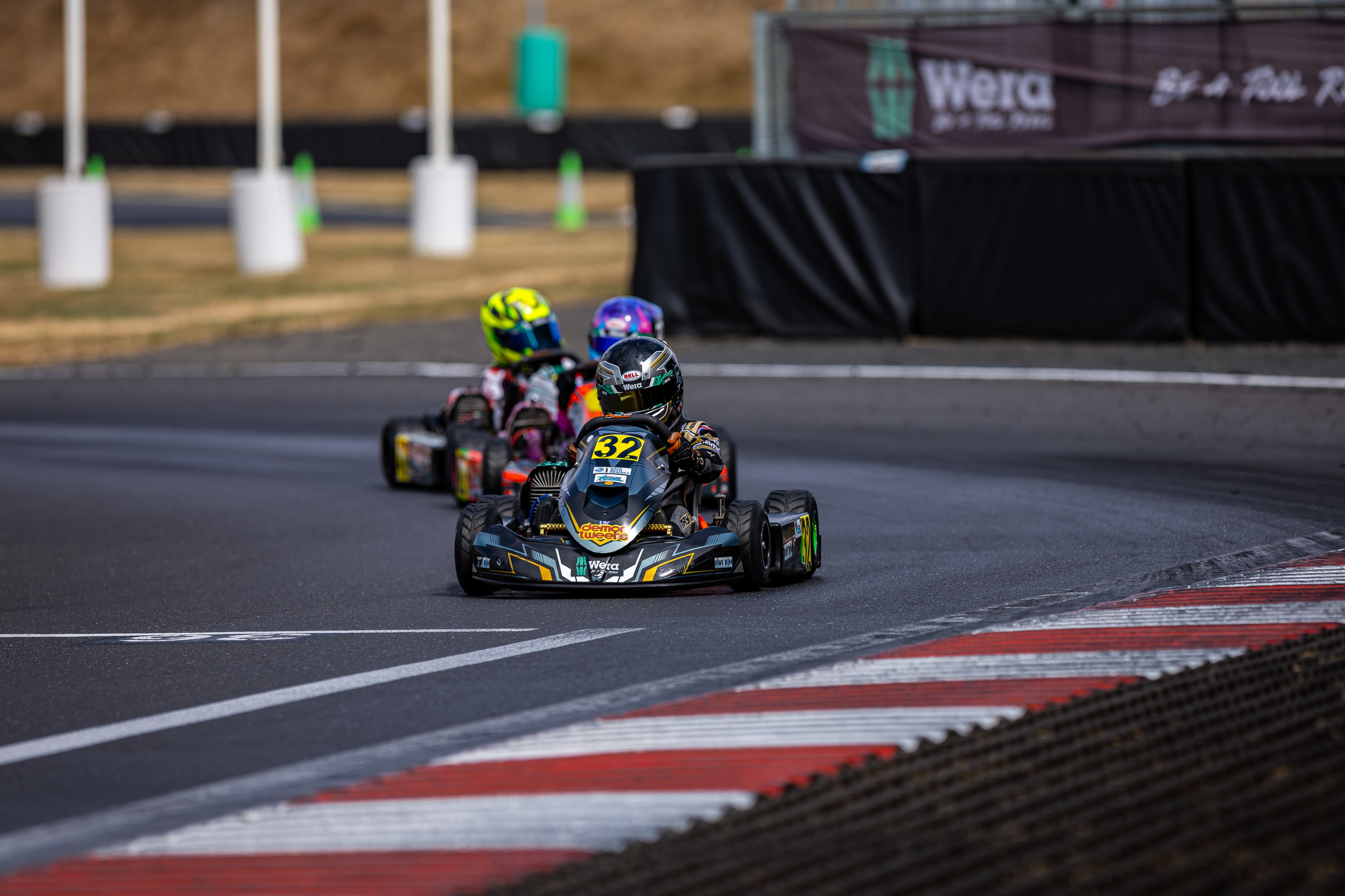 Henry Exton kart number 32 leading the field at PFI