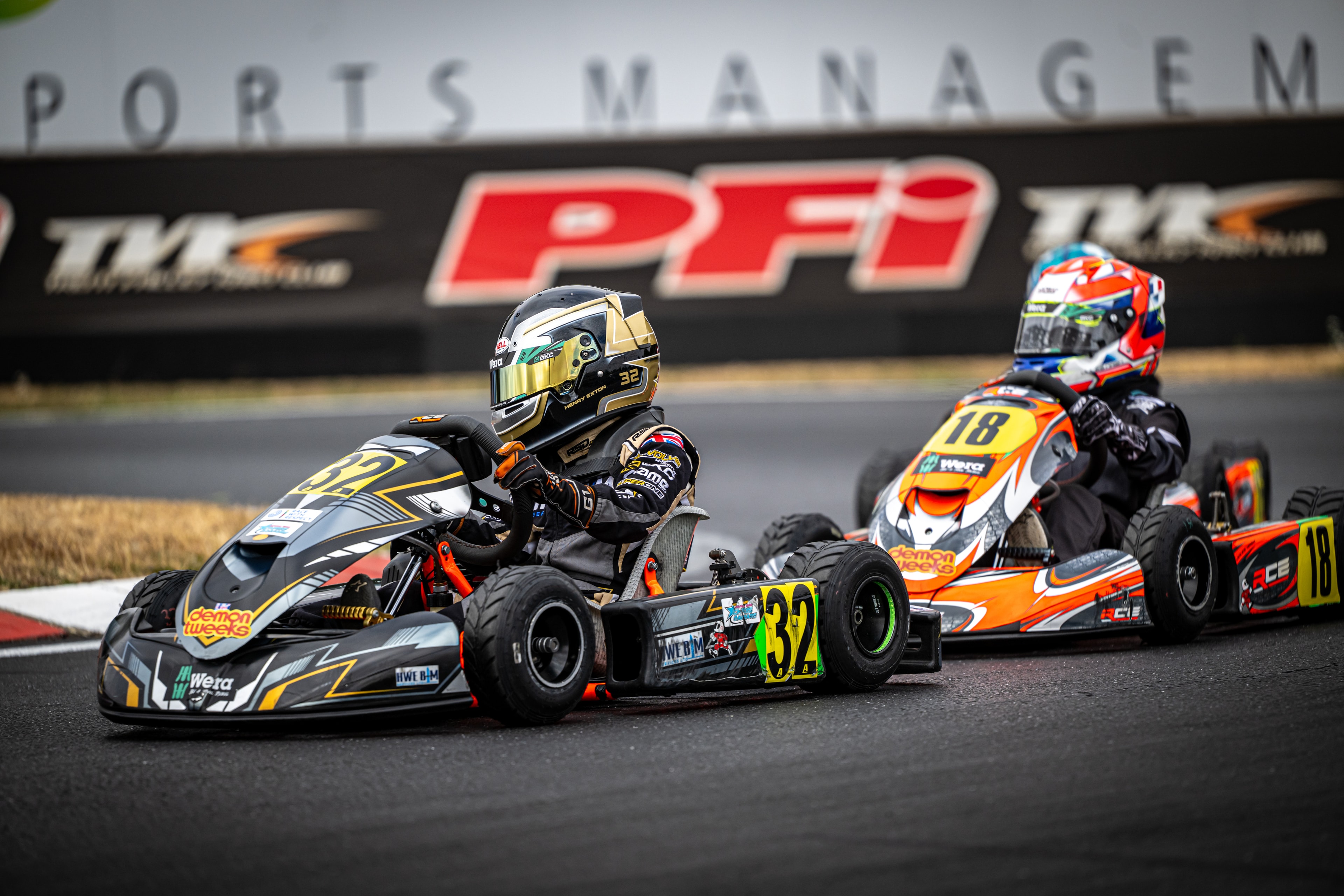 Henry Exton kart number 32 battling at PFI