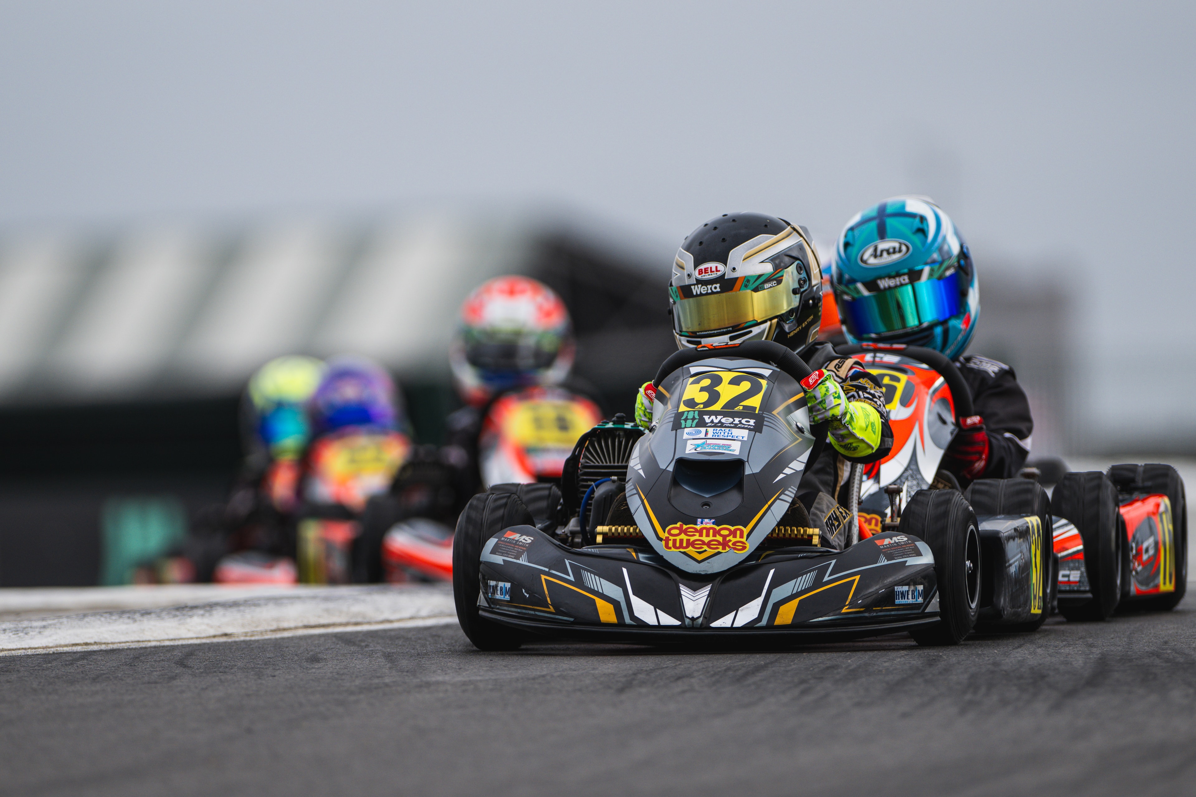 Henry Exton kart number 32 leading pack at Silverstone, BKC Event 4