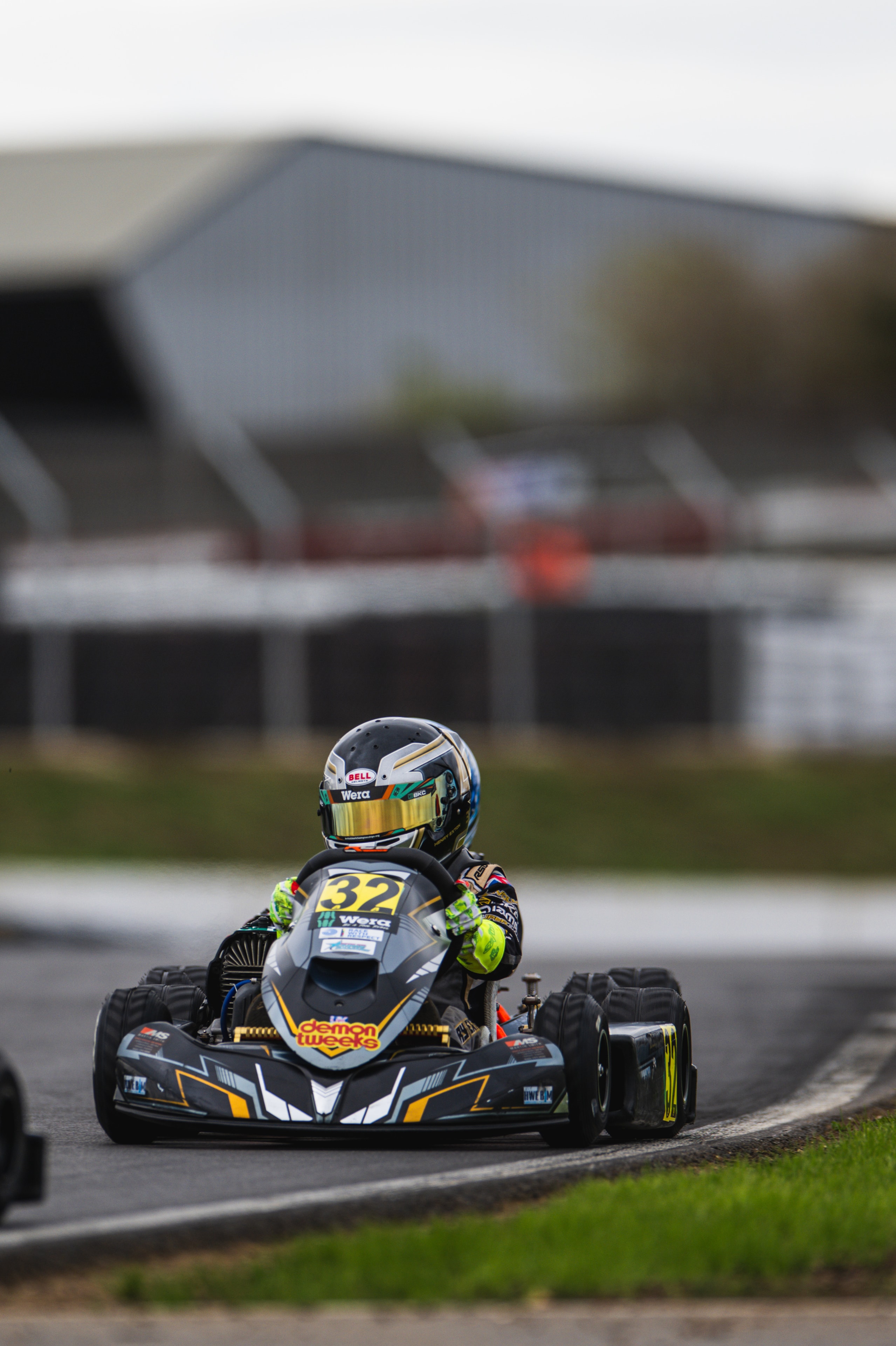 Henry Exton kart number 32 solo on track at Silverstone