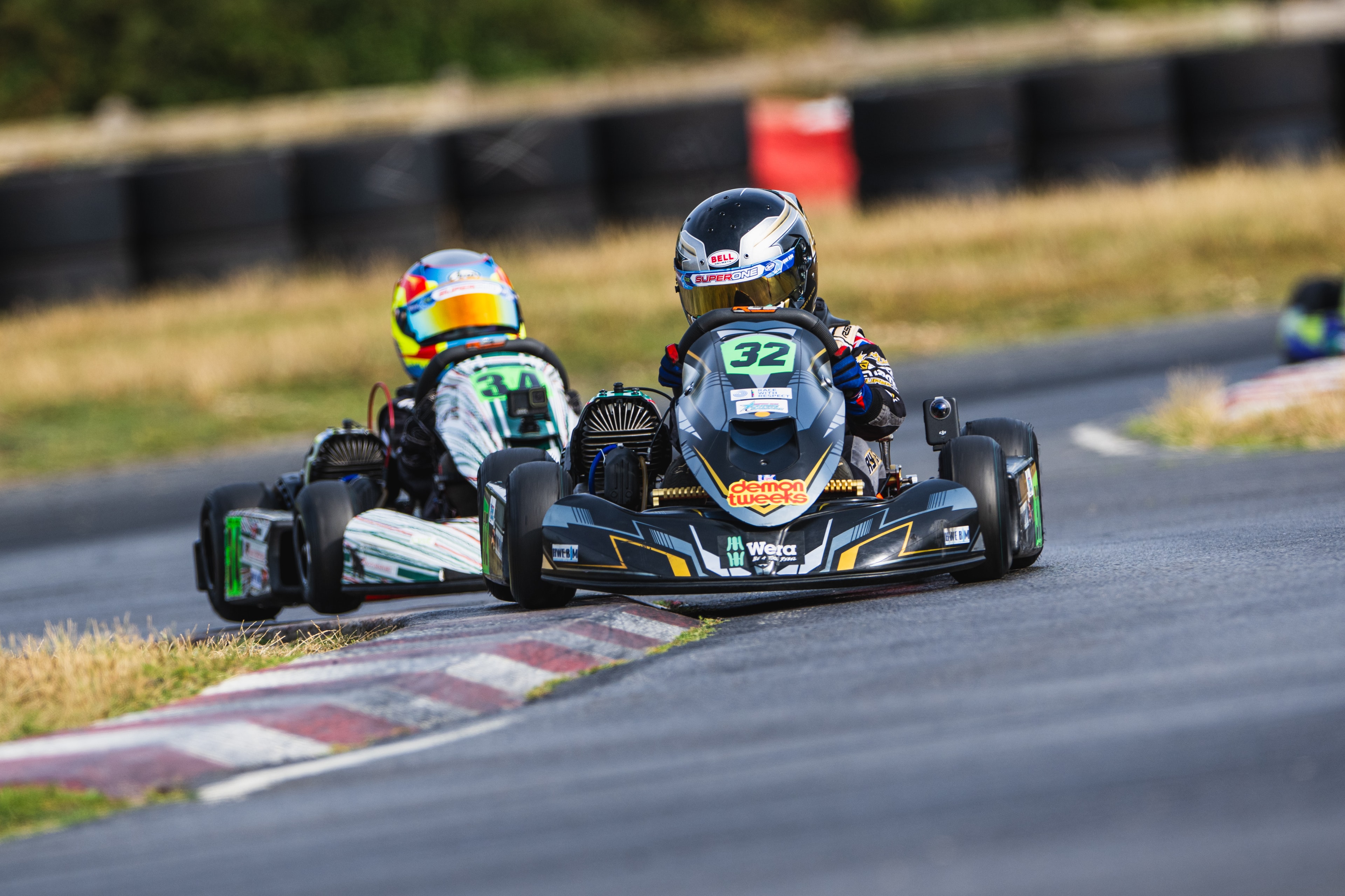 Henry Exton kart number 32 leading at Whilton Mill