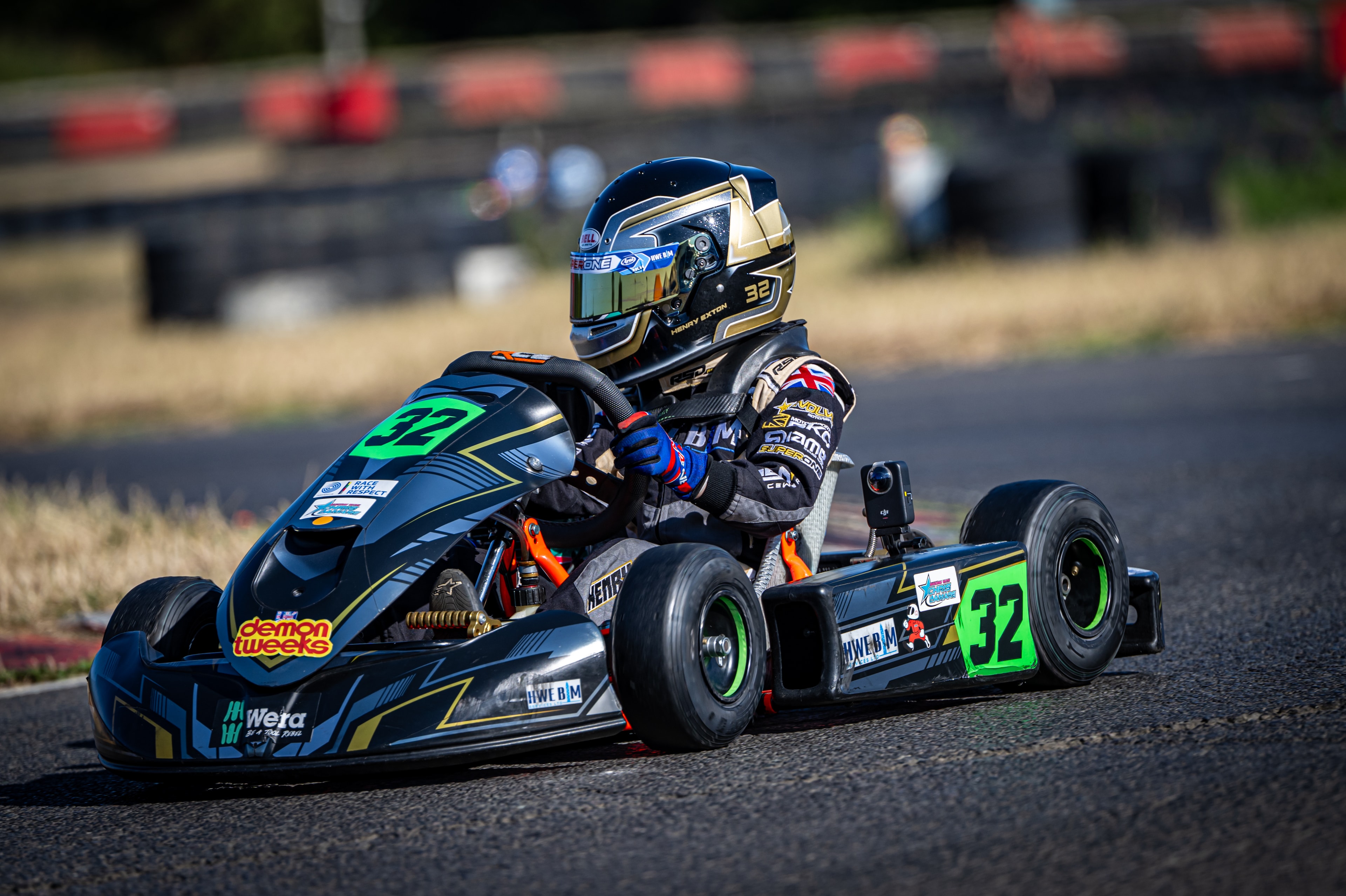 Henry Exton kart number 32 cornering at Whilton Mill
